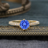 6-Prong Classic Round Cut Sapphire Engagement Ring Pave Bridal Ring